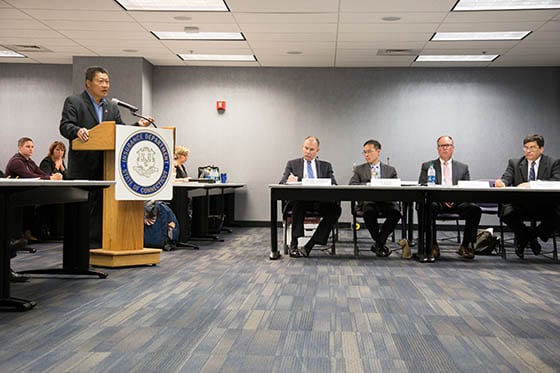 State Senator Tony Hwang gives testimony  at a public hearing concerning Anthem's request for a premium increase for healthcare policies. CT Insurance Department Hartford, CT. August 3, 2016.