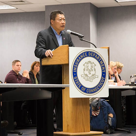 State Senator Tony Hwang gives testimony at a public hearing concerning Anthem's request for a premium increase for healthcare policies. CT Insurance Department Hartford, CT. August 3, 2016.