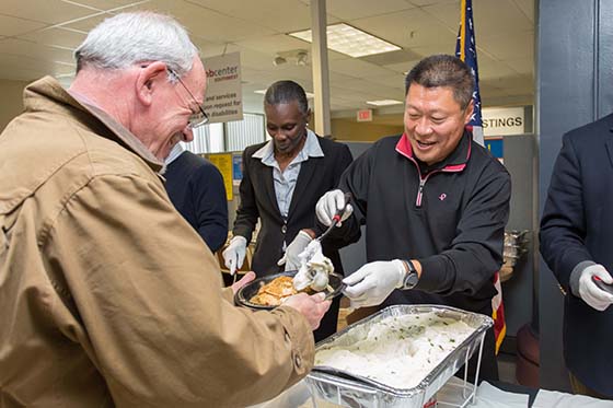 State Senator Tony Hwang participates in the annual Thanksgiving lunch for clients of The American Jobs Center. Bridgeport, CT 11-22-16.