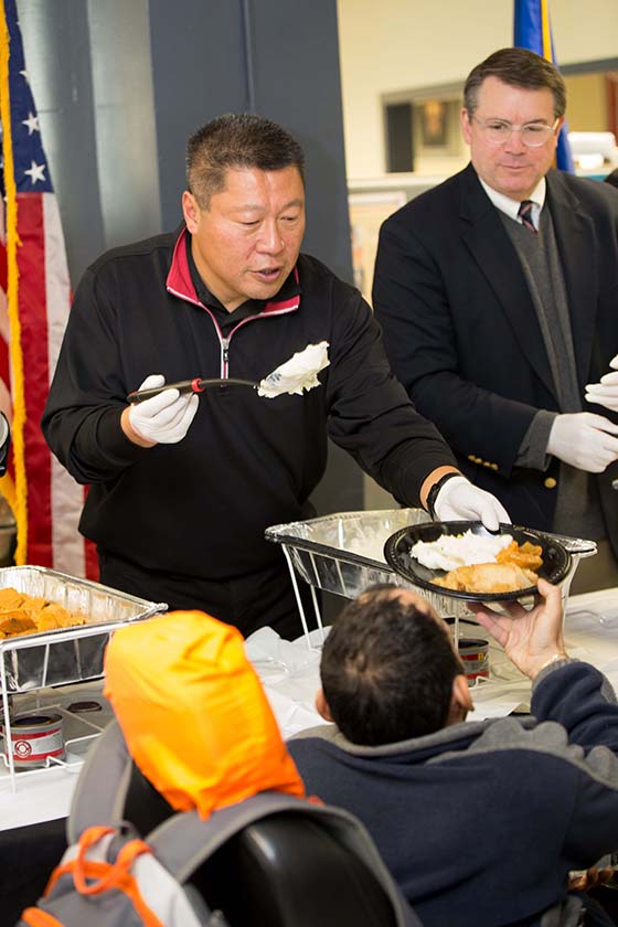 State Senator Tony Hwang participates in the annual Thanksgiving lunch for clients of The American Jobs Center. Bridgeport, CT 11-22-16.