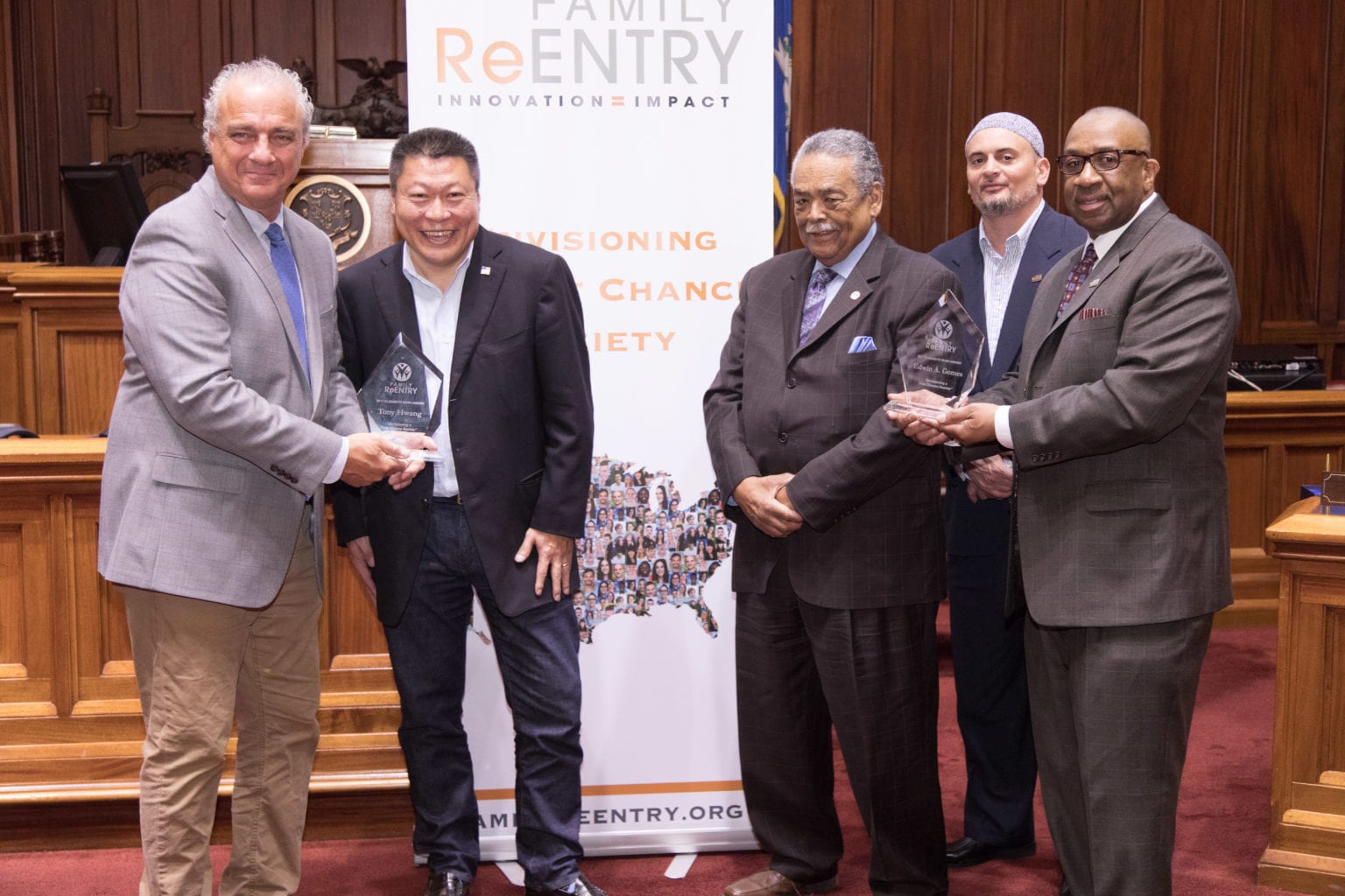 State Senator Tony Hwang and State Senator Ed Gomes receive the 2017 Elizabeth Bush Award from Family ReEntry an organization that helps incarcerated persons make a successful transition from prison back into the community. CT State Capitol Senate Chamber, April 4, 2017.