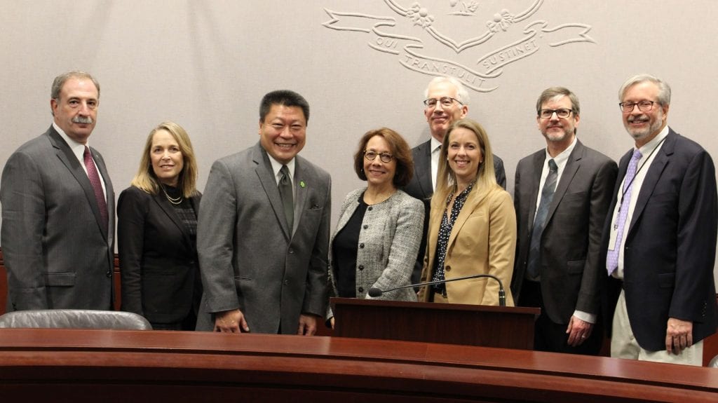 Bipartisan Bioscience Caucus, BioCT Leaders at their January 30th Joint Press Conference. From left to right: Rep. Jonathan Steinberg (D-136), Rep. Robin Comey (D-102), Senator Tony Hwang (R-28), BioCT President & CEO Dawn Hocevar, CBIA Bioscience Growth Council Exec. Director Paul Pescatello, Senator Christine Cohen (D-12), Dr. Mark Adams of Jackson Labs, Rep. Bill Petit (R-22).