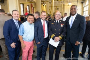 From left to right: Rep. J.P. Sredzinski, Sen. Tony Hwang, Rep. Joe Poletta, Rick Hart director of legislative affairs for the Uniformed Professional Fire Fighters, and Sen. George Logan. Government and Public Safety officials gathered Wednesday July 10th in Waterbury to celebrate the signing of legislation which expands workers' compensation coverage for post-traumatic stress injury for first responders in fire and police. 