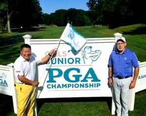 State Senator Tony Hwang (left) and Connecticut Section PGA Executive Director Tom Hantke tour Keney Park Golf Course in Hartford the day before the start of the Girls Junior PGA of America Championship. 