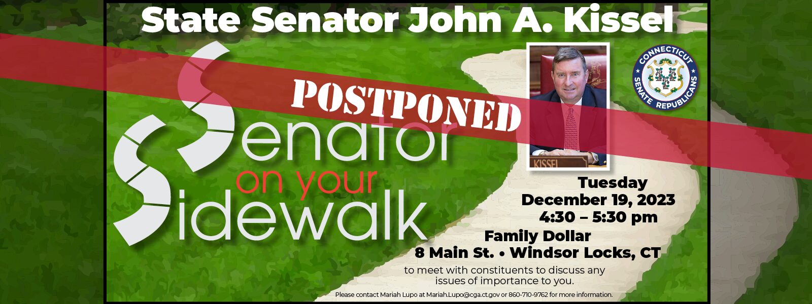 POSTPONED: Tuesday in Windsor Locks: “Senator on your Sidewalk”